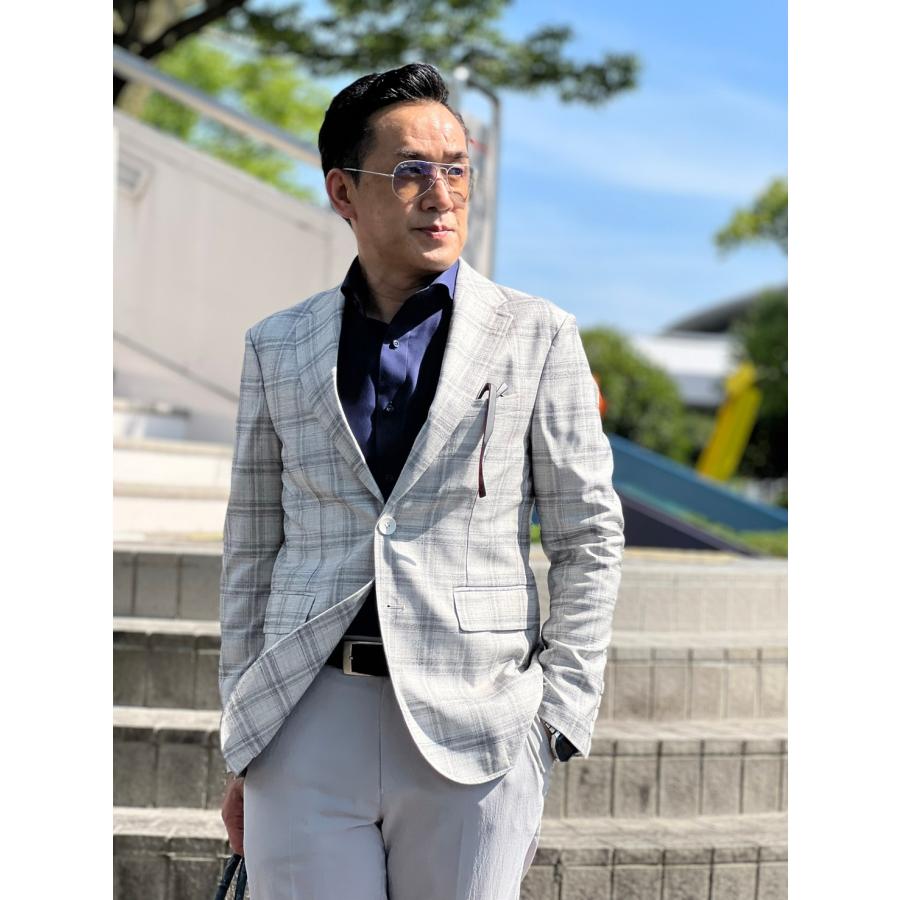 シルバーグレーチェックシングルジャケット】メンズ サマージャケット