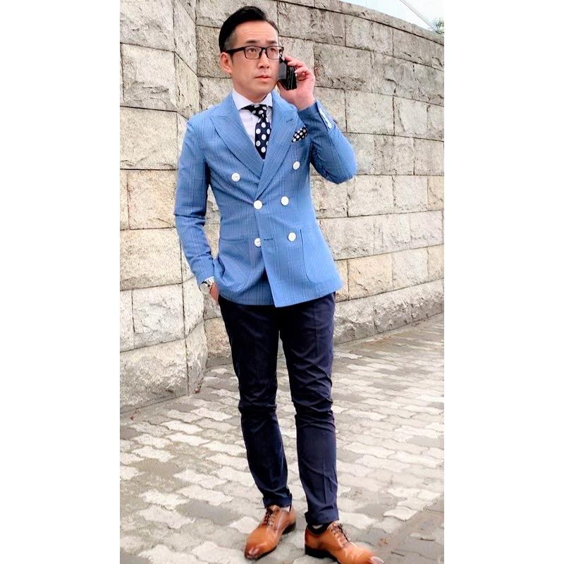 メンズ春夏ダブルジャケット ブルー チェック 40代 50代 タイト メンズ春夏ダブルジャケット ブルー チェック 40代 50代 タイト