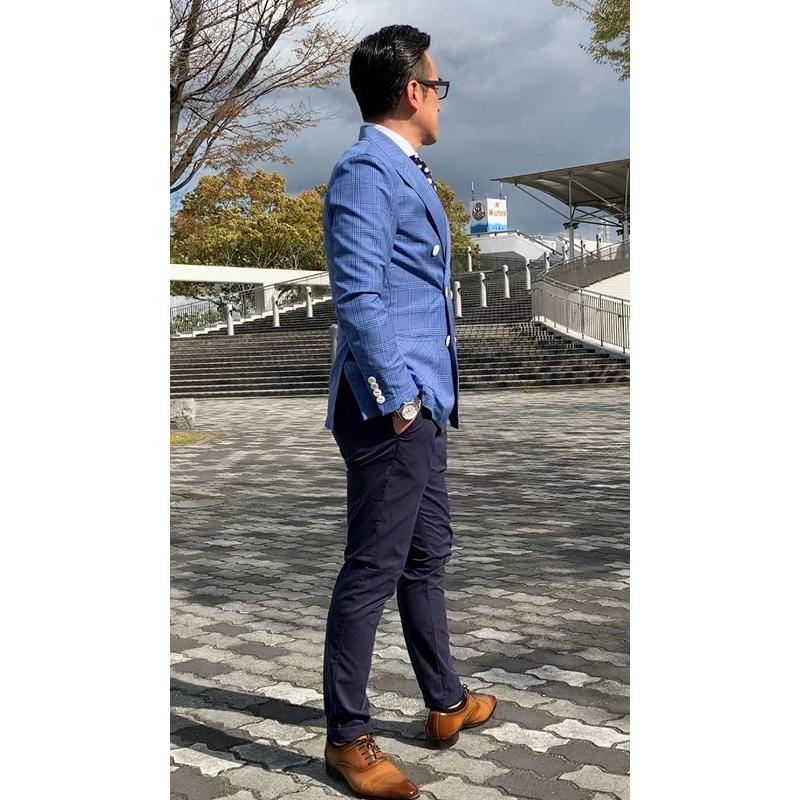 メンズ春夏ダブルジャケット　ブルー　チェック　40代　50代　タイト　テーラード　紳士　jacket