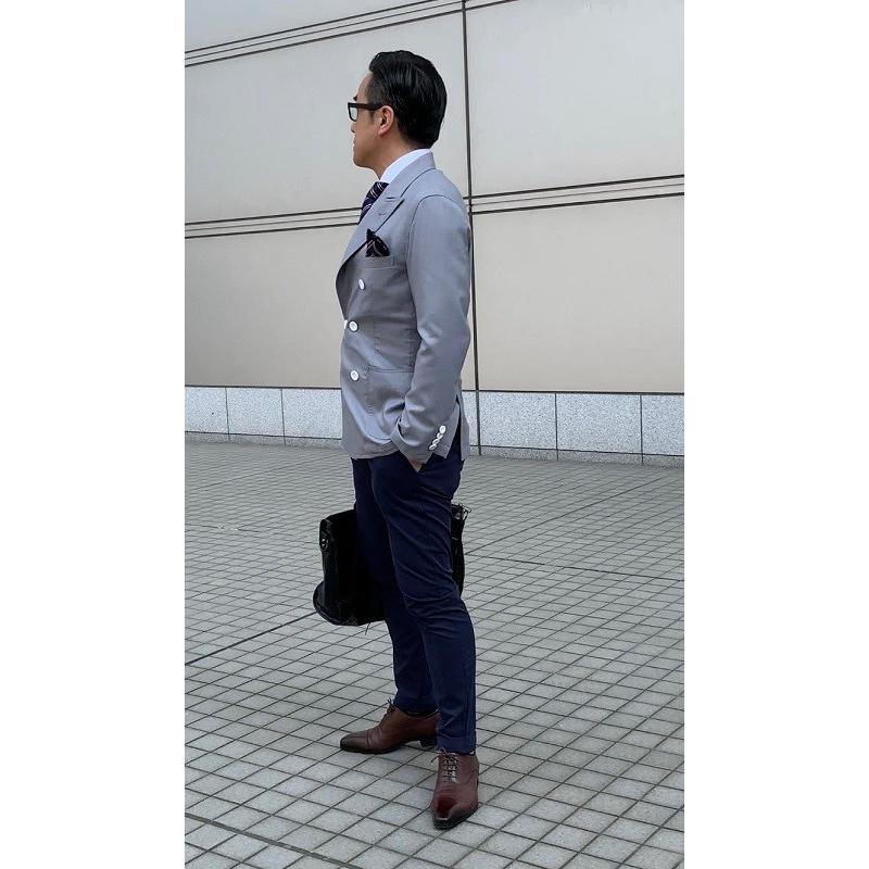 メンズ春夏ダブルジャケット グレー 40代 50代タイト テーラード