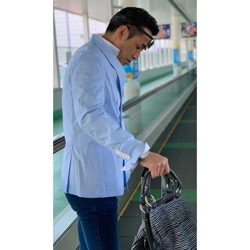 メンズ春夏ダブルジャケット アイスブルー（シワ加工） カジュアル