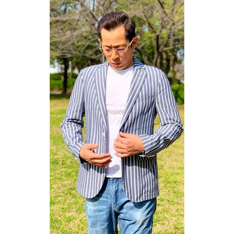 メンズ春夏シングルジャケット ダークネイビー ホワイト ストライプ 40代 50代 大切な