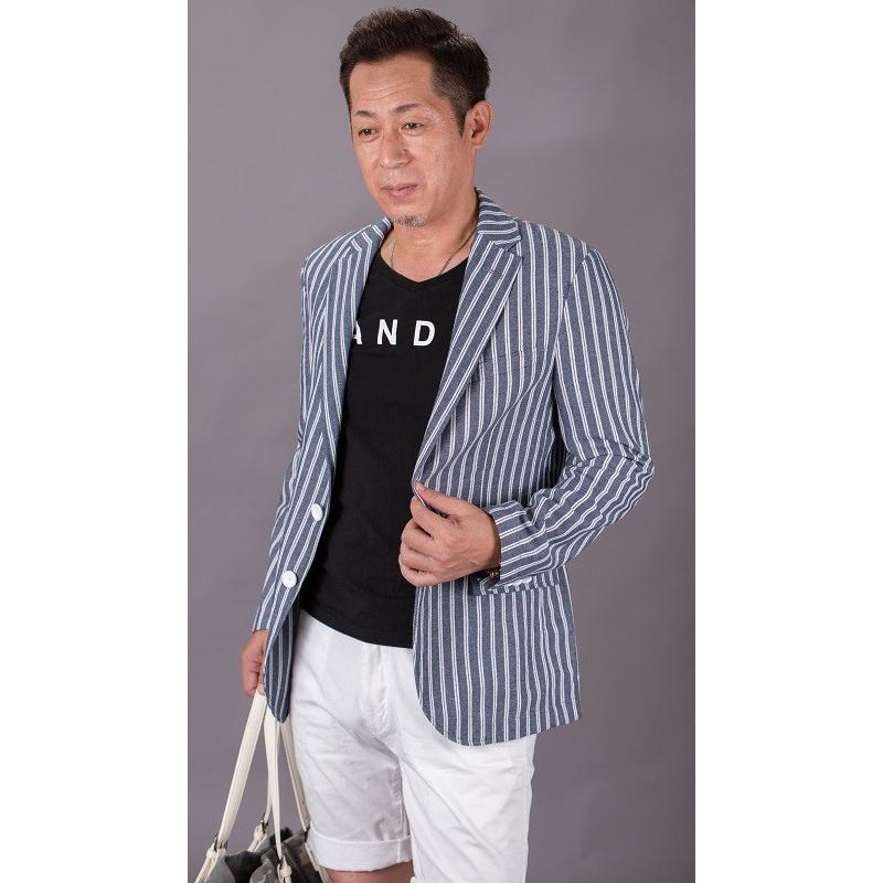 メンズ春夏シングルジャケット 軽量デニム ネイビーストライプ 40代 50代 ファッション通販