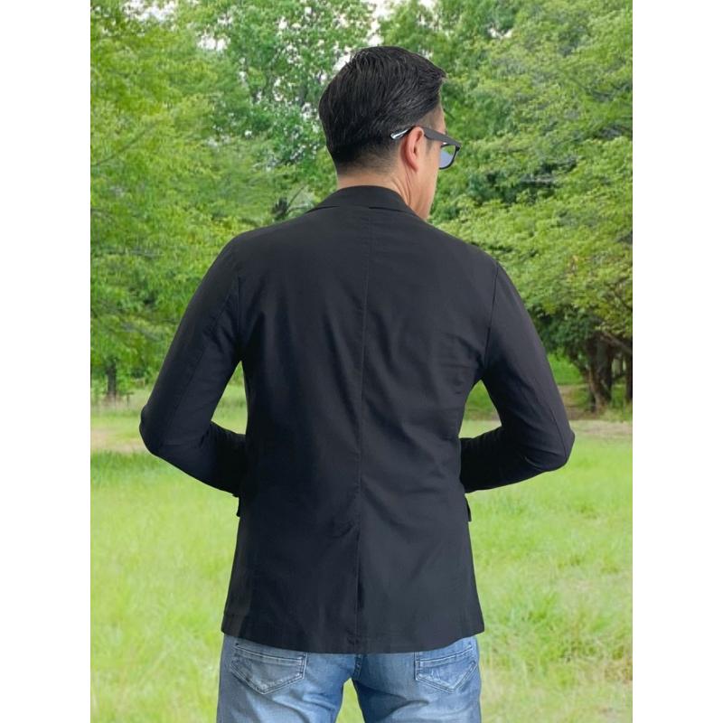 黒テーラードジャケット 綿麻 綿麻混ストレッチ春夏ジャケットブラック/メンズ/シングル