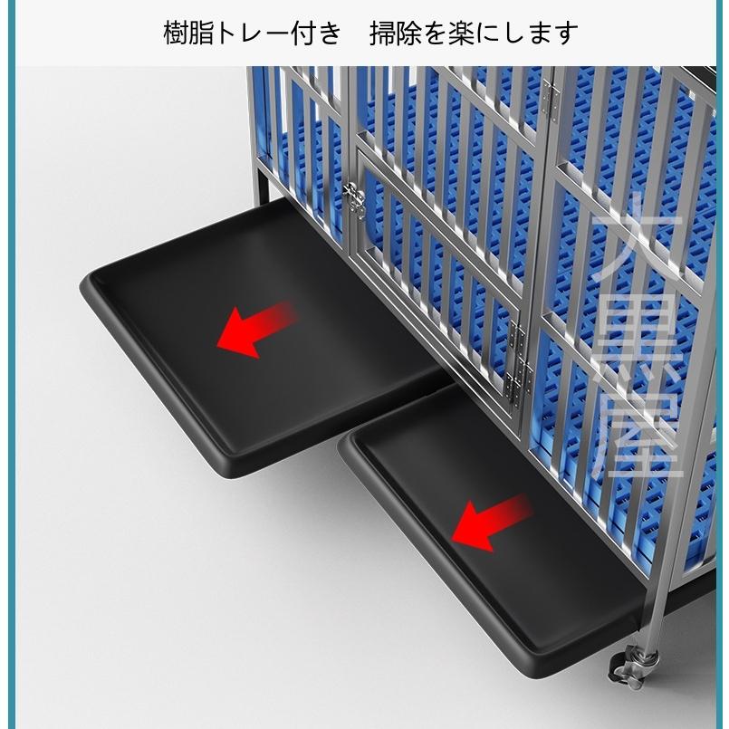 ペットケージ ステンレス製 ドッグケージ Mケージ ペットサークル ダブルドア付き トレー付き キャスター付き 犬用サークル 小型犬 大型犬 折り畳み式 組立不要の画像