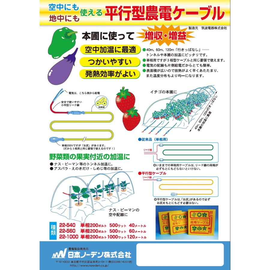 日本ノーデン平行農電ケーブル　22-1000　単相200V×1000Ｗ×120ｍ　4坪用