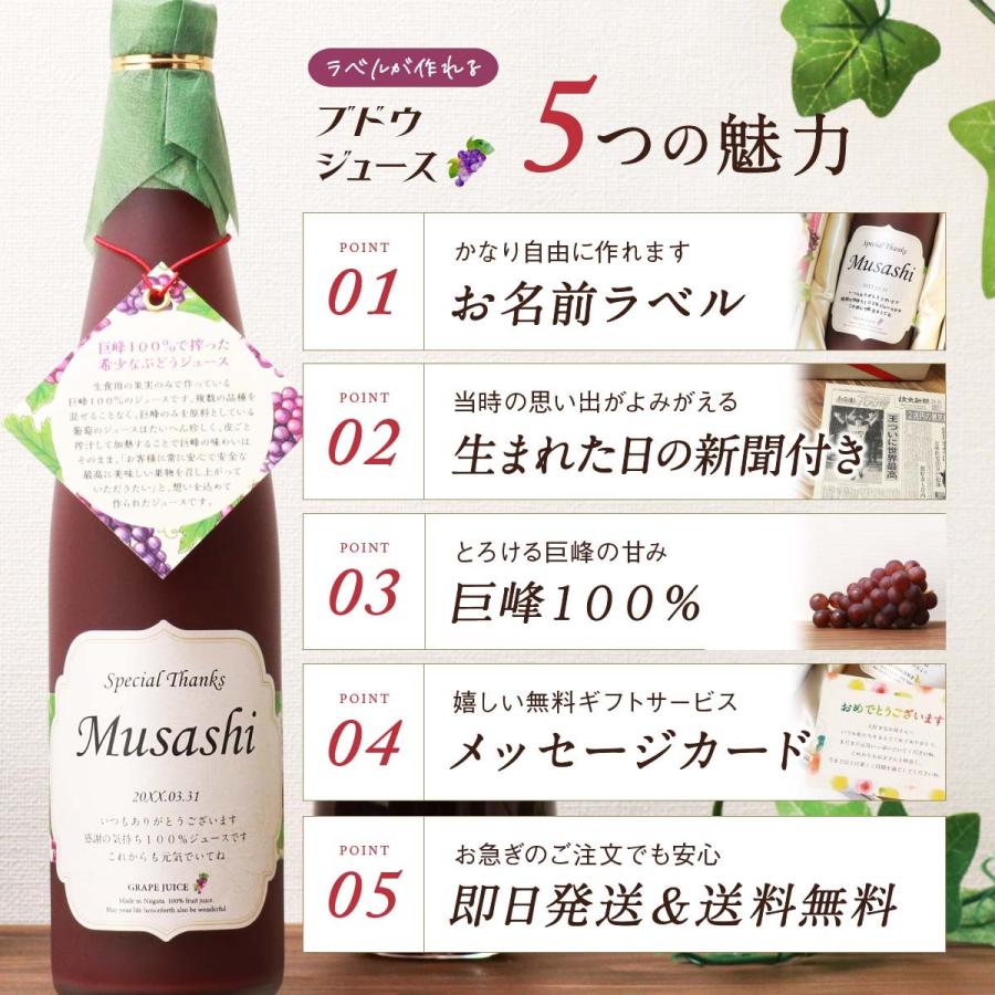 誕生日 記念日 プレゼント 長寿祝い 名入れ メモリアル新聞付き ちゃんちゃんこ ギフト ノンアルコール 巨峰100％ ぶどうジュース 500ml |  | 01