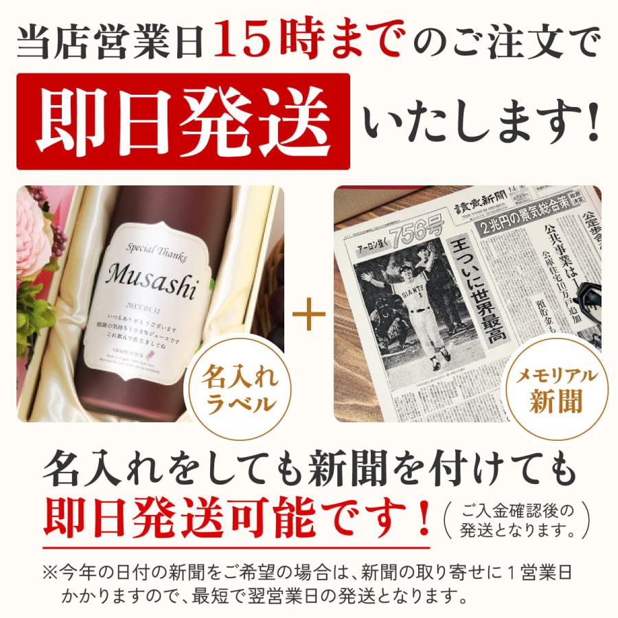誕生日 記念日 プレゼント 長寿祝い 名入れ メモリアル新聞付き ちゃんちゃんこ ギフト ノンアルコール 巨峰100％ ぶどうジュース 500ml |  | 20