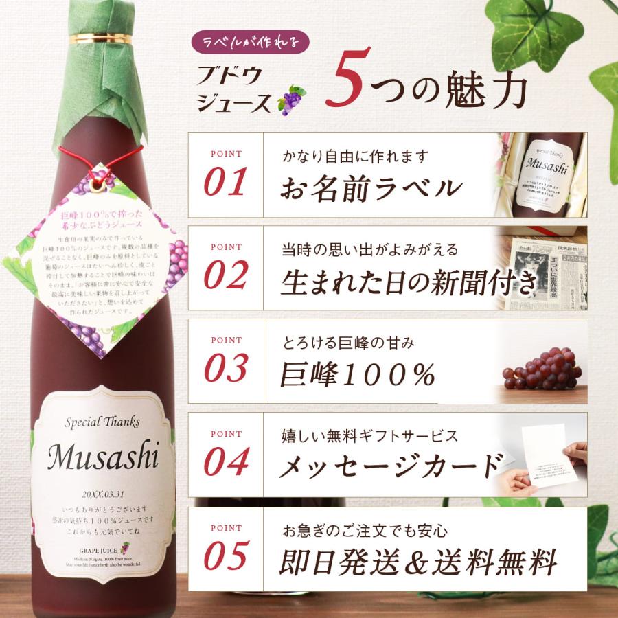 誕生日 プレゼント 結婚記念日 長寿祝い 名入れ メモリアル新聞付き ギフト ノンアルコール 巨峰100％ ぶどうジュース 500ml |  | 01