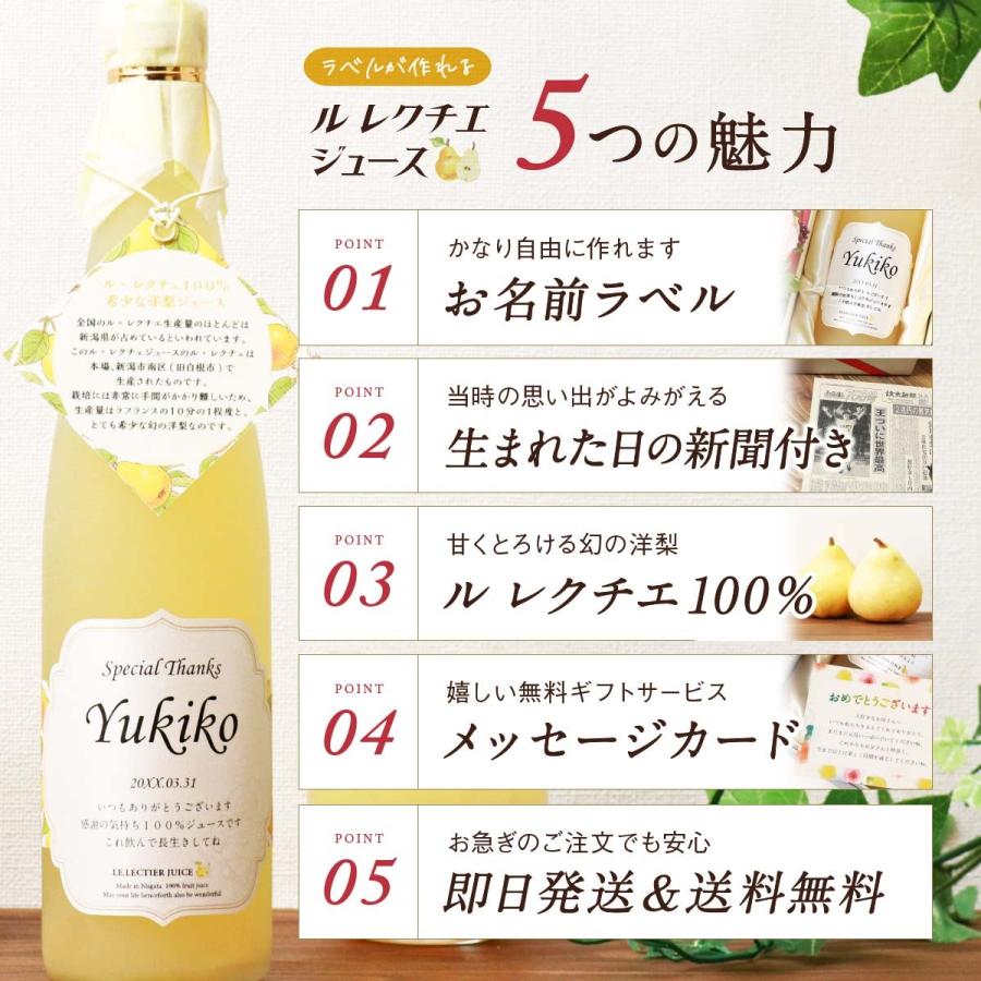 誕生日 結婚記念日 プレゼント 長寿祝い 名入れ メモリアル新聞付き 贈り物 ギフト 高級果実 ル レクチエ 洋梨ジュース 500ml |  | 01