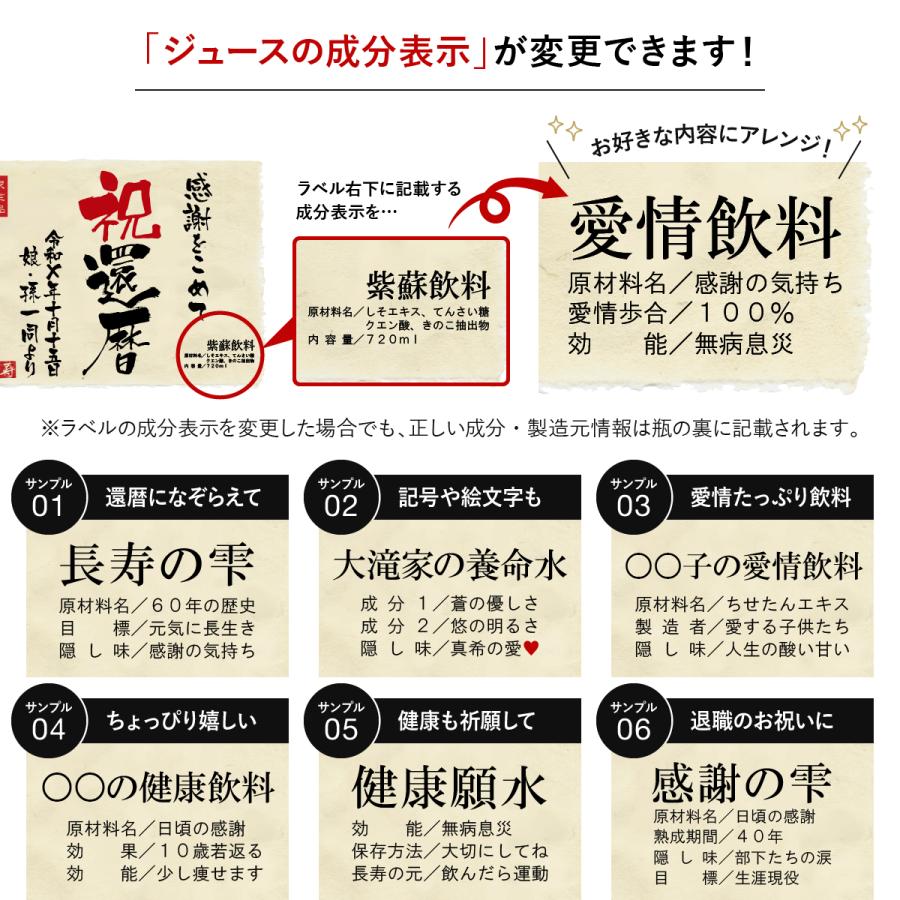 誕生日 結婚 記念日 プレゼント 長寿のお祝い 健康 ちゃんちゃんこ 箱入り 名入れ メモリアル新聞付き 贈り物 ギフト ノンアルコール 紫蘇ジュース 720ｍl |  | 09