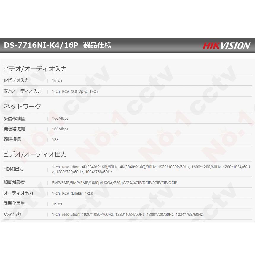 HIKVISION] [IP-NVR 16CH] FULL-HD IP NVR 4K UHD 16CH ネットワーク