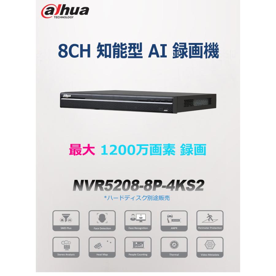 [DAHUA] [IP-NVR 8CH] 知能型  ネットワーク AI録画機 12メガ録画 10TB HDD装着 Smart H.265 8POE 顔人車認識追跡 AI検索 NVR5208-8P-4KS2｜no1cctv｜02