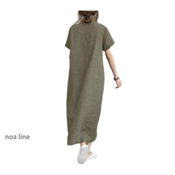 新 モデルの日本式 の純粋 な色 の綿 麻半袖 のポケットの女性 のカジュアルなワンピース｜noaline｜06