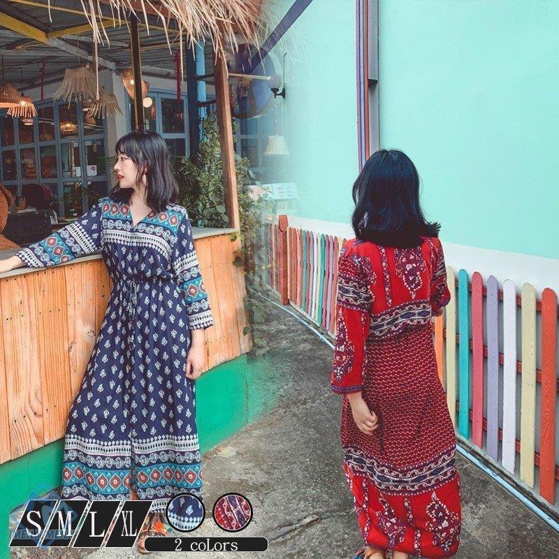 レディースファッション 室外 ワンピースレディース ボヘミアン風 Vネック 長袖ワンピース 九分袖 レトロ 体型カバー 花柄大人代30代40代 民族 風 旅行 H442tcdxc4 Www Kbdav Ac In