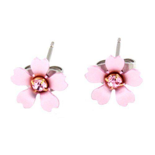 ジュエリーショップエム 桜 SAKURA フラワー チタンポスト ピアス スワロフスキー 1粒 シリコン樹脂キャッチ シンプル レディース