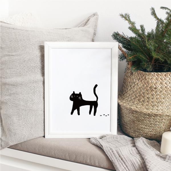 A4サイズ Le Chat noir 黒ネコ 猫 動物 モノクロ イラスト インテリア 