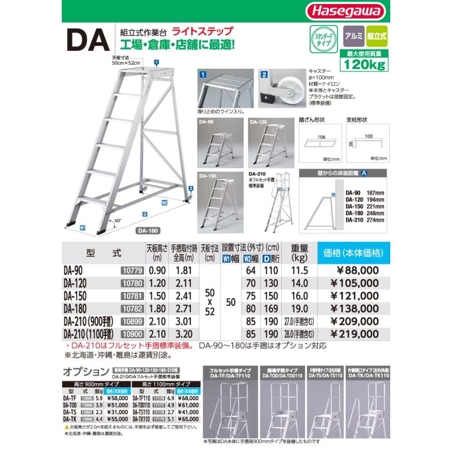 長谷川工業 ハセガワ 組立式作業台 DA-180 天板高さ：1.80m 最大使用 