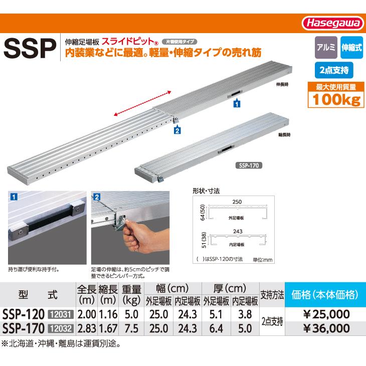 長谷川工業 伸縮足場板 SSP-120 全長:2.00m 最大使用質量 長谷川工業 伸縮足場板 SSP-120 全長:2.00m 最大使用質量