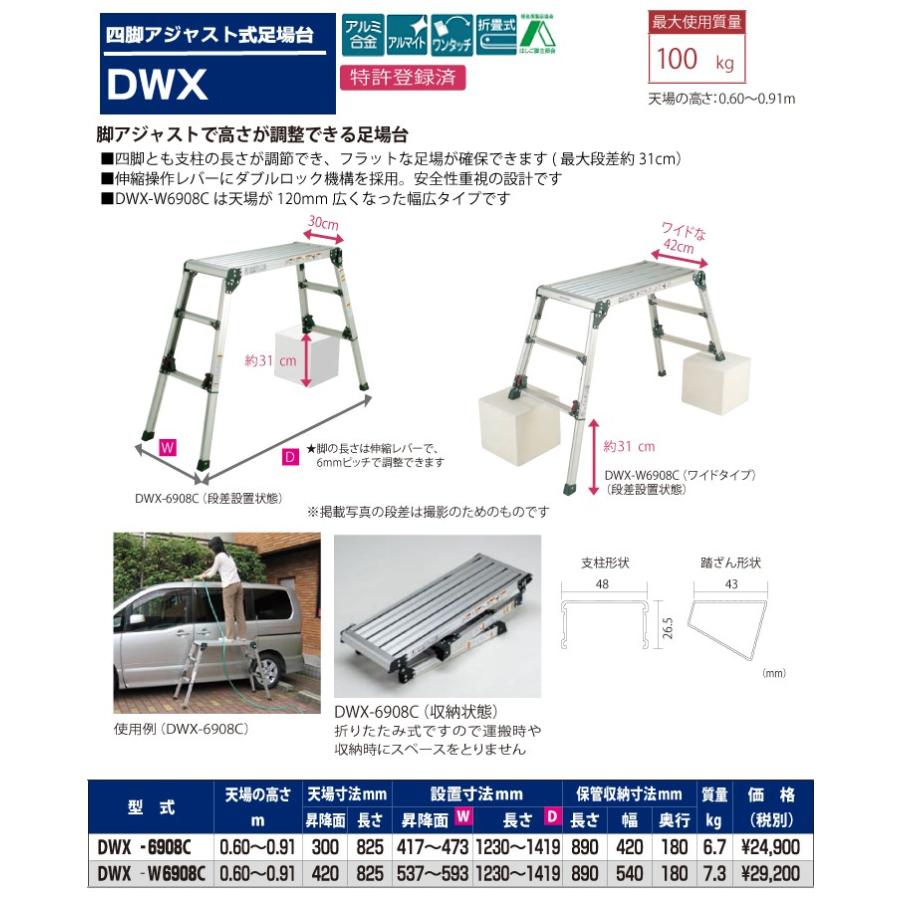 ピカ/Pica 四脚アジャスト式足場台 DWX-W6908C 最大使用質量:100kg 天
