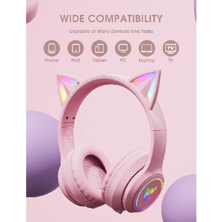 特売ンストア Cat Ear Bluetooth Headphones with Micphone for Kids ＆ Adults， LED Light Up Wireless HI-FI Sound Quality， Over-Ear Headphones with Volume Control for