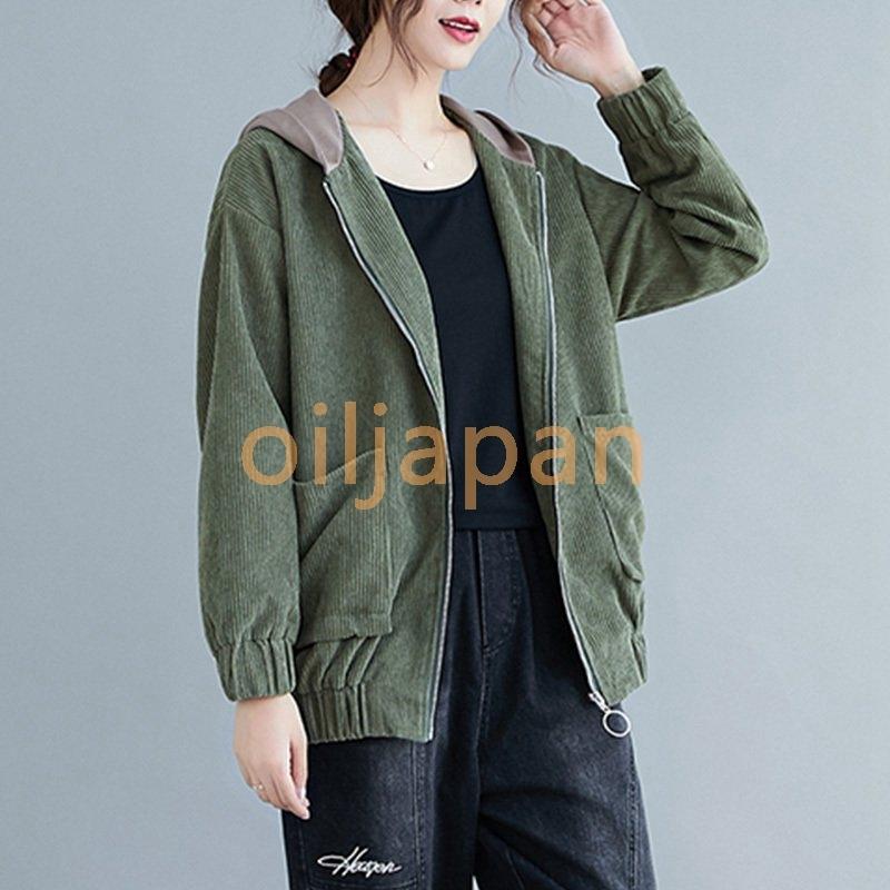 コーデュロイブルゾン レディース 春 40代 レディースアウター フード付き ショート丈 大きいサイズ カジュアル ブラック カーキ シンプル こなれ感 大人可愛い 今季ブランド