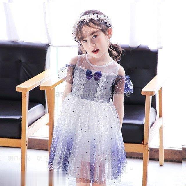 新作 夏 お洒落 ひざ丈ワンピース チュールワンピース ピアノ演奏会 ブルー 可愛い 女の子 姫系 子供 星空柄 結婚式 本命ギフト 子供