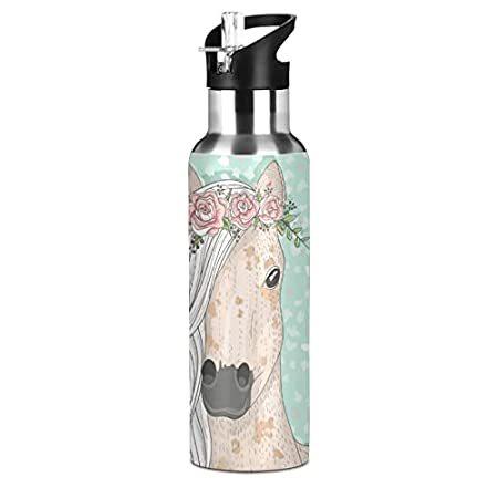 【最安値挑戦！】 Flower Horse Water Bottle with Straw Lid Thermos, Kids Insulated Stainless 水筒