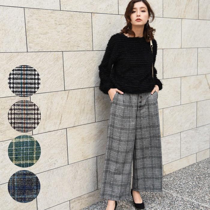 ワイドパンツ チェック柄 ウールタッチ レディース 洋服 カジュアル かわいい オシャレ ブラック ベージュ カーキ ネイビー 抜け感 トレンド プチプラ 114n Nofallsango 通販 Yahoo ショッピング