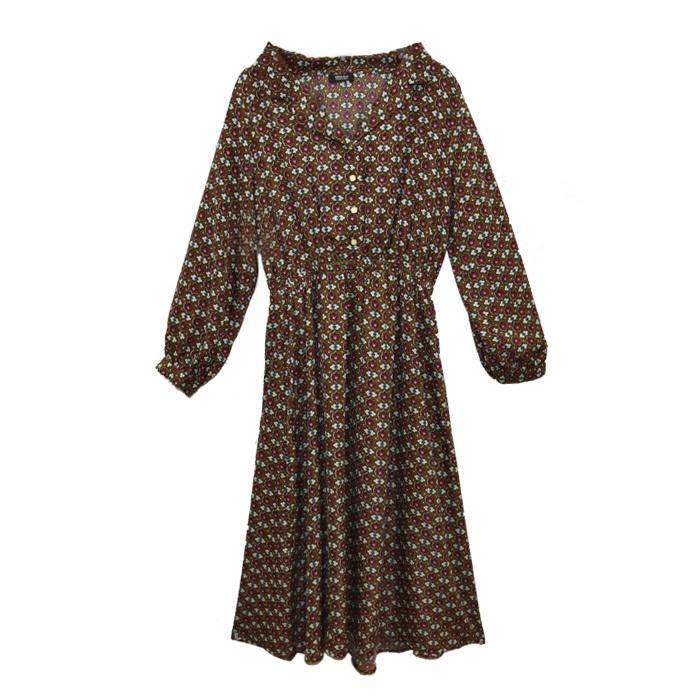 デシン小紋柄開襟ワンピース 開襟ワンピース レディース かわいい トレンド 長袖 洋服 秋服 ボリューム袖 オシャレ ブラック キャメル ワイン 流行 114n Nofallsango 通販 Yahoo ショッピング