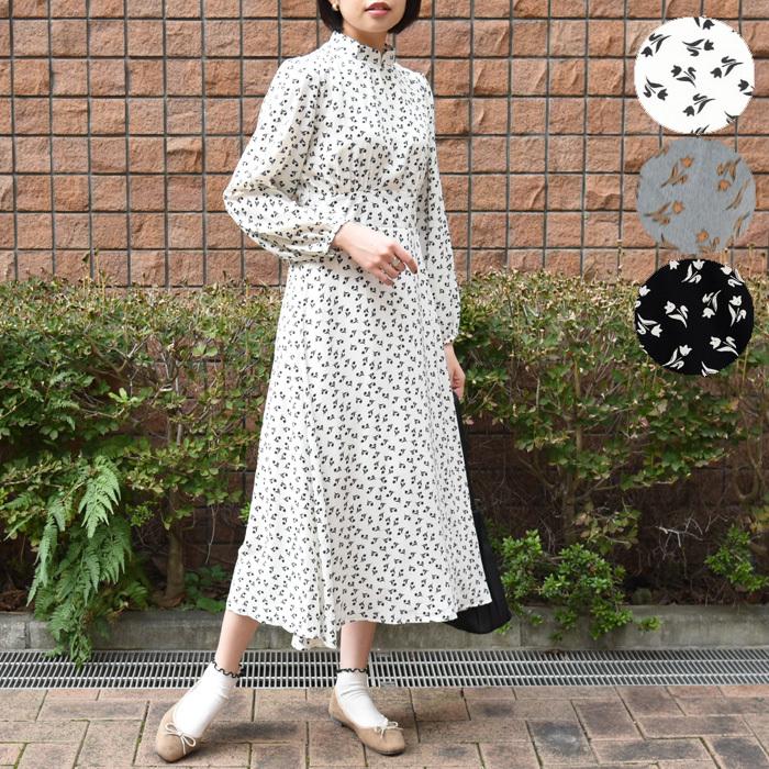 小花柄長袖ワンピース 秋服 秋色 レディース ナチュラル フェミニン レトロ クラシカル パワショル 袖コン 華奢見せ スタンドカラー 上品 ホワイト 981n7040 Nofallsango 通販 Yahoo ショッピング