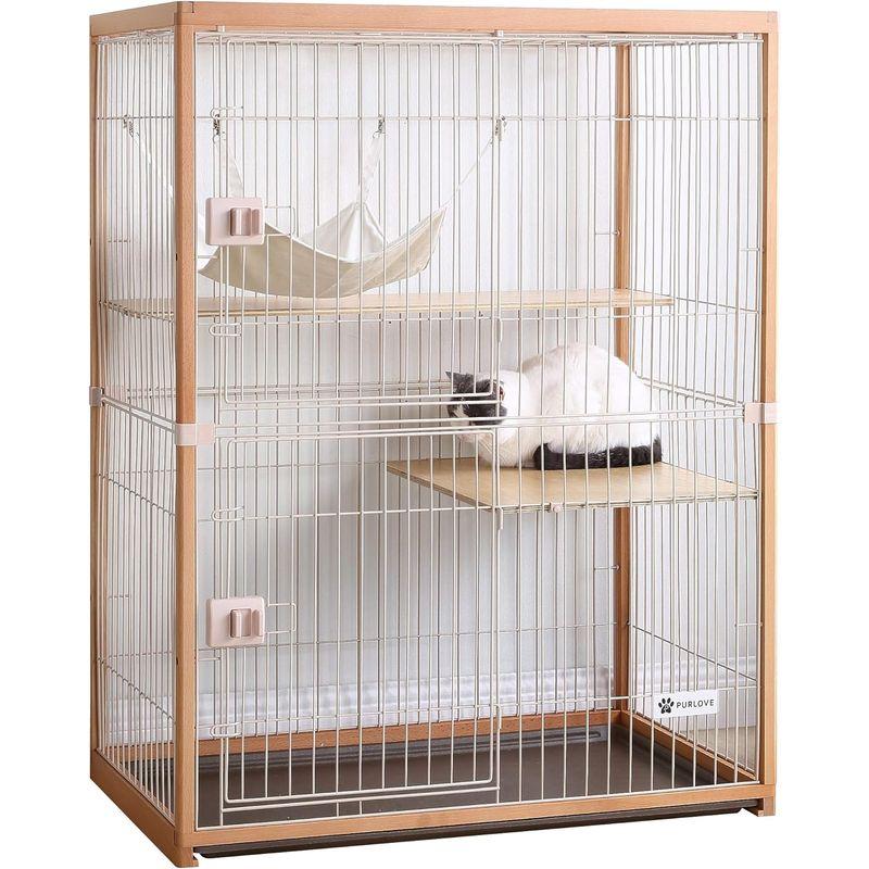 【新品訳あり】 ケージ 猫 大型 キャットハウス キャットケージ 2段 木製フレーム ハンモック付 広々 ネコ ハウス 留守番 保護 脱走防止 (ナチュラル 【EIM7218516021】(25906円)