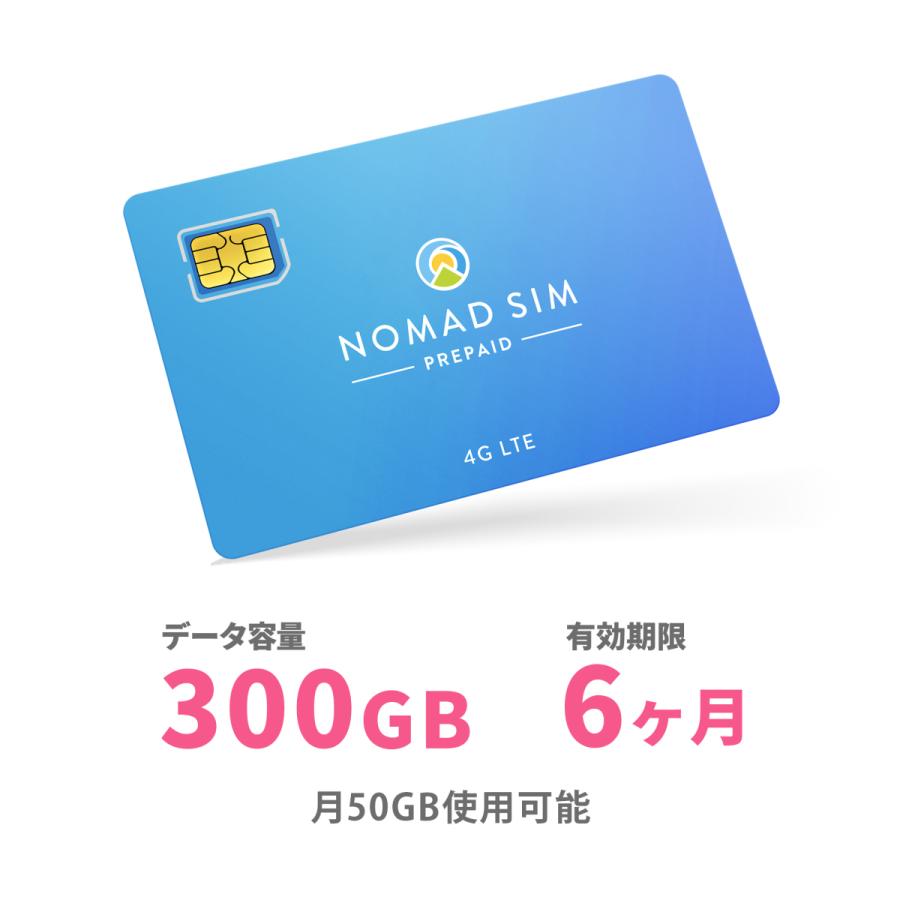 Nomad SIM Prepaid / 300GB / 6ヶ月間有効 / 月50GB / 国内用4GLTEプリペイドSIM｜nomadstore｜01