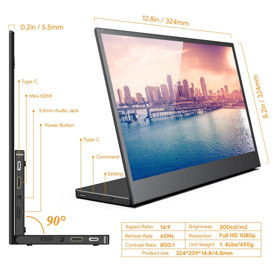 【代引可】 PTVDISPLAYモバイルモニター、IPS 1080Pラップトップスクリーンエクステンダー、ラップトップPC電話用スマート/スピーカー付きトラベルゲーミング外部モニ