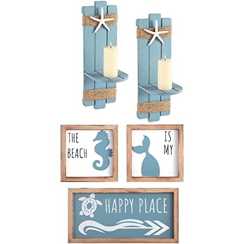 SOMTOビーチヒトデウォールキャンドルスコーンデコ&ビーチウォールデコ、Nautical Coastal Theme Wall Sign