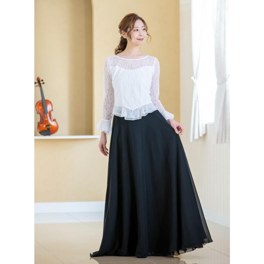 演奏会 白 黒 バラ柄ストレッチ 黒ブラウス ブラウス レース フリル