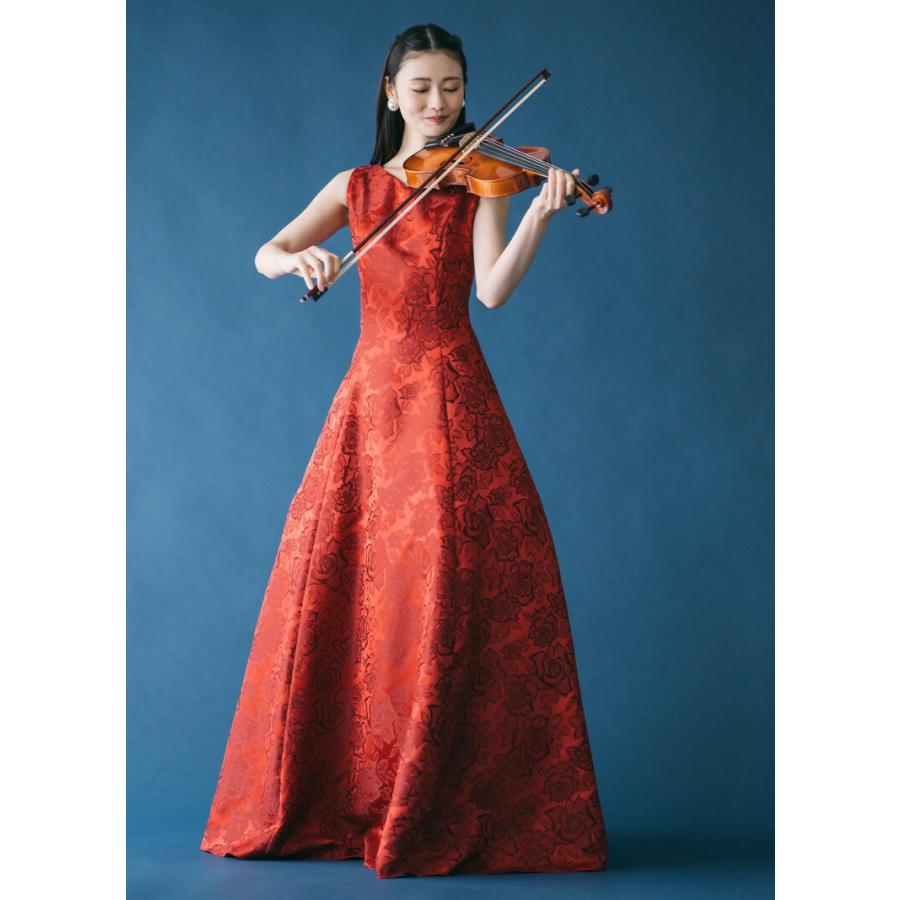 ロングドレス 演奏会 薔薇柄ジャガード ノースリーブ ドレス