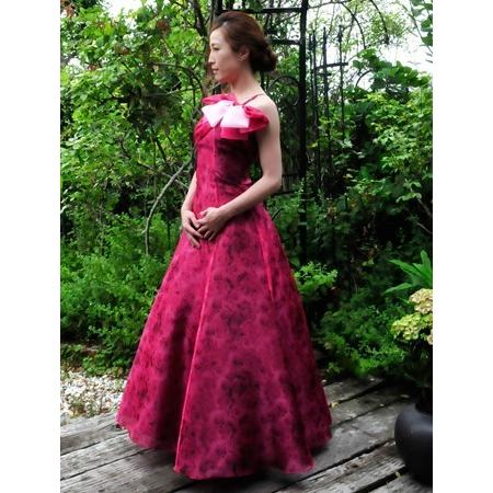 演奏会用ロングドレス ピンク ブルー 桃 青 薔薇柄プリント