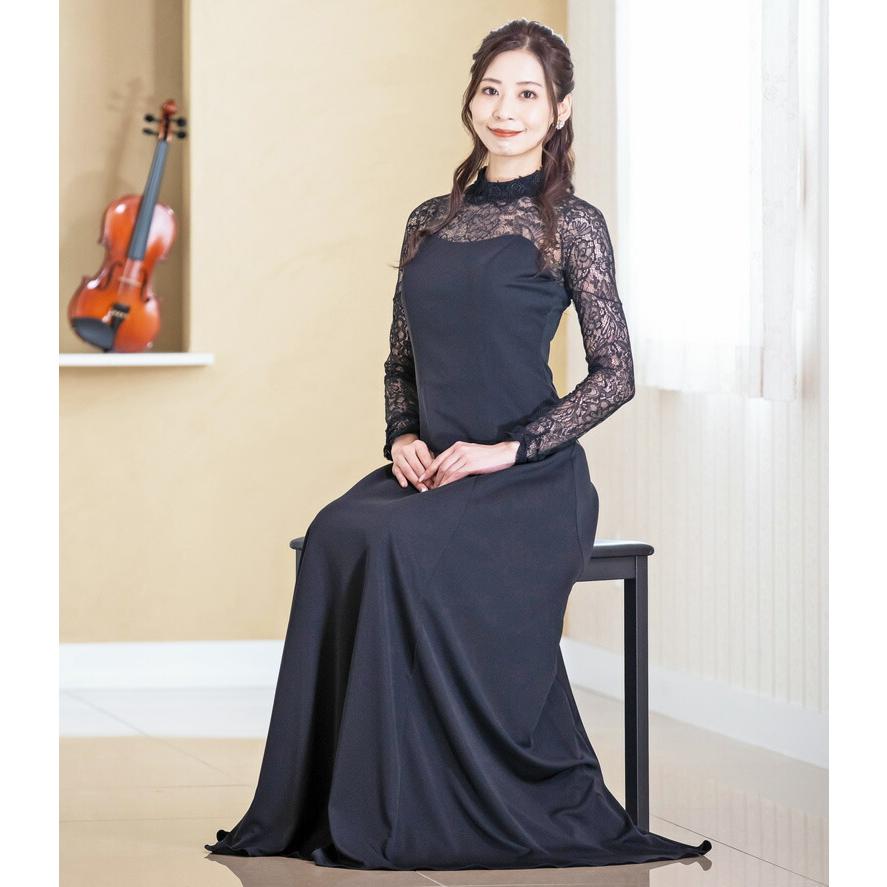 ロングドレス ドレス 黒 演奏会 演奏会用ドレス 袖あり レース長袖