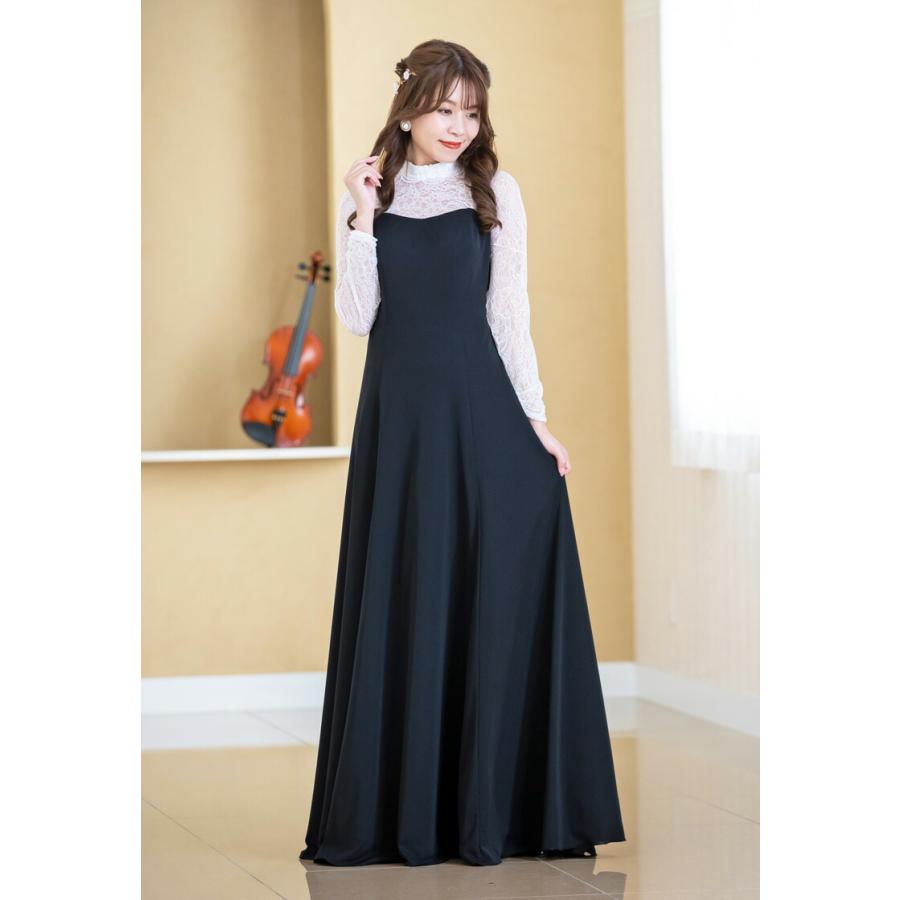 Dress Black ドレスブラック 高級 ロングドレス 演奏会 ダークブルー ロングドレス ドレス 黒 演奏会 演奏会用ドレス 袖あり レース長袖