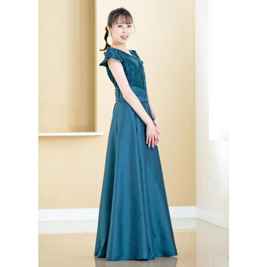 演奏会用ドレス ピアノ 発表会 大人 レース×シャンタン ロングドレス フォーマルドレス 演奏会 体型カバー パーティードレス 太め 袖付き 袖あり(op3755)の画像