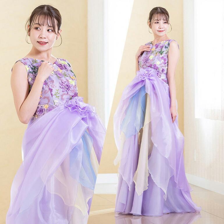 新品未使用！フラ　紫色花柄　ロングドレス 演奏会 ロングドレス 演奏会用ドレス 花刺繍 ピアノ ステージ衣装 発表