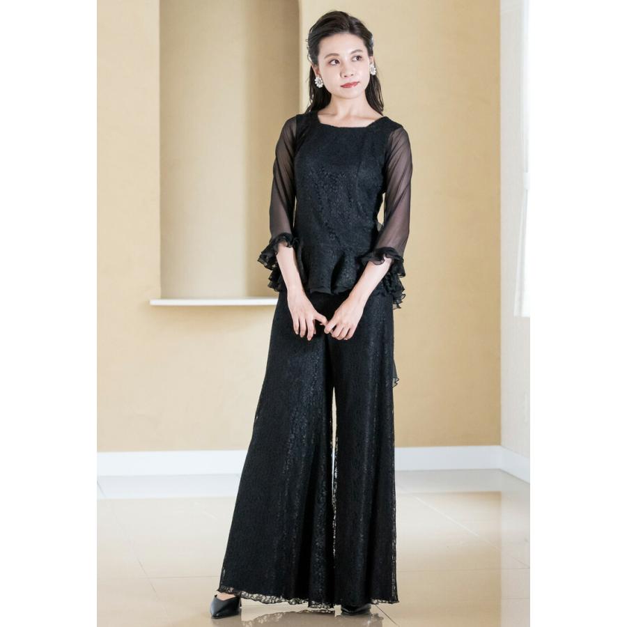 レース仕立ての ワイドパンツ 黒 パンツ パンツドレス 演奏会