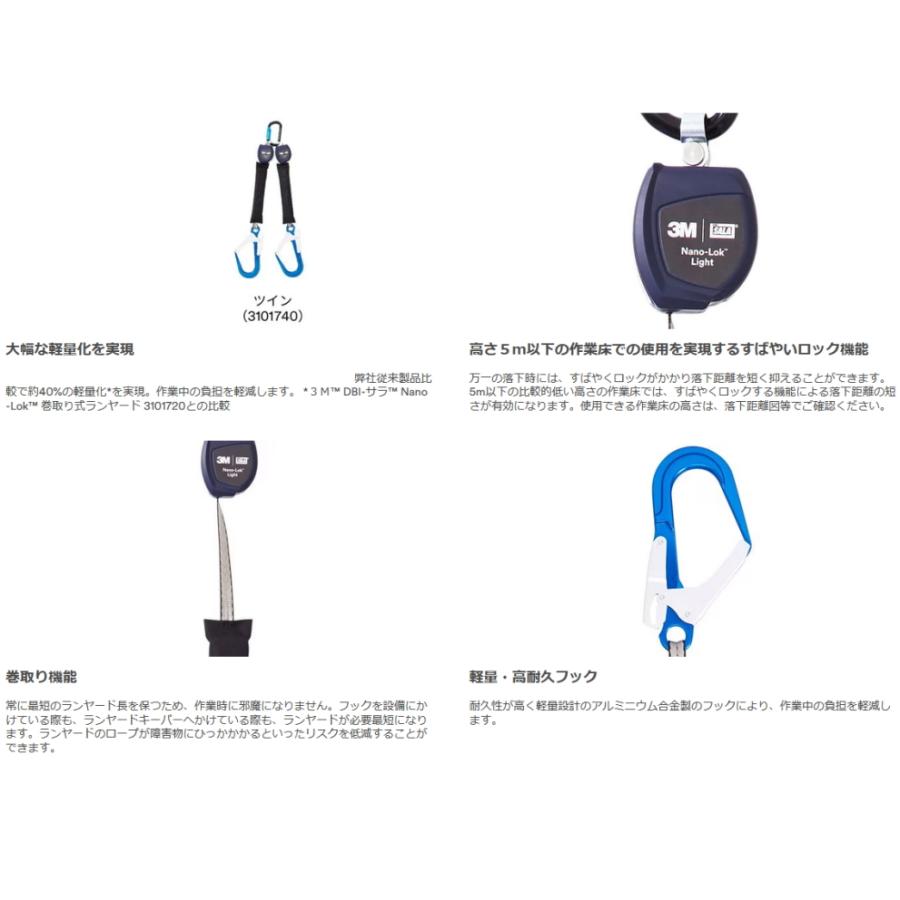 3M 巻き取り式ランヤード 軽量型ツインDBI-サラNano-Lok DBI-サラ(TM