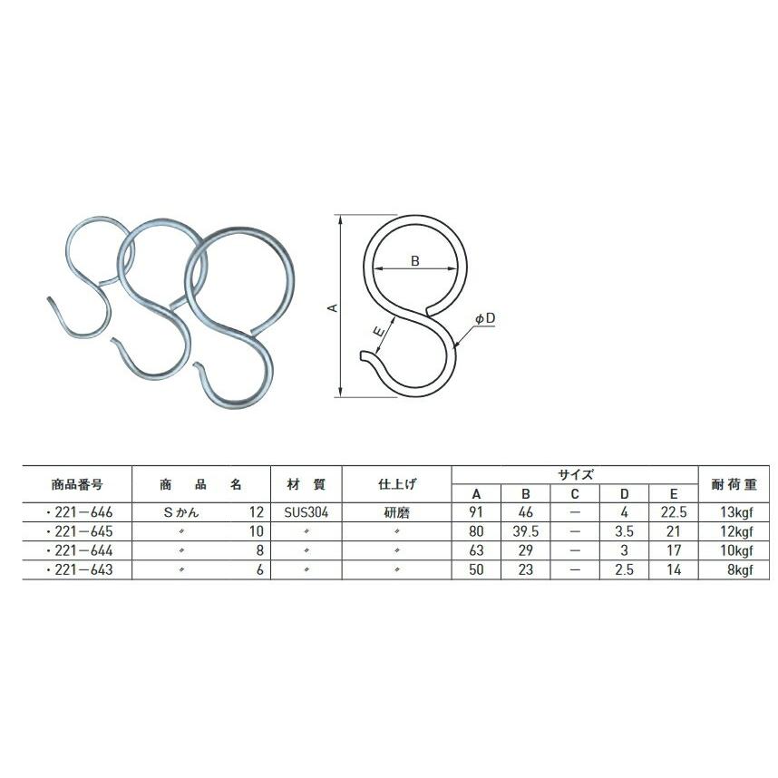 ステンレス製 ハンガーパイプ用S字フック 19mm / 25mm 32mm 38mm