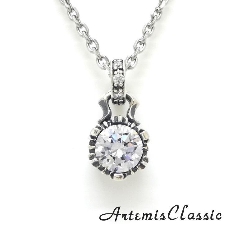 アルテミスクラシック Artemis Classic シルバー キュービックジルコニア ペンダント ネックレス クロス 十字架 王冠 ストーンクラウンチャーム ホワイト