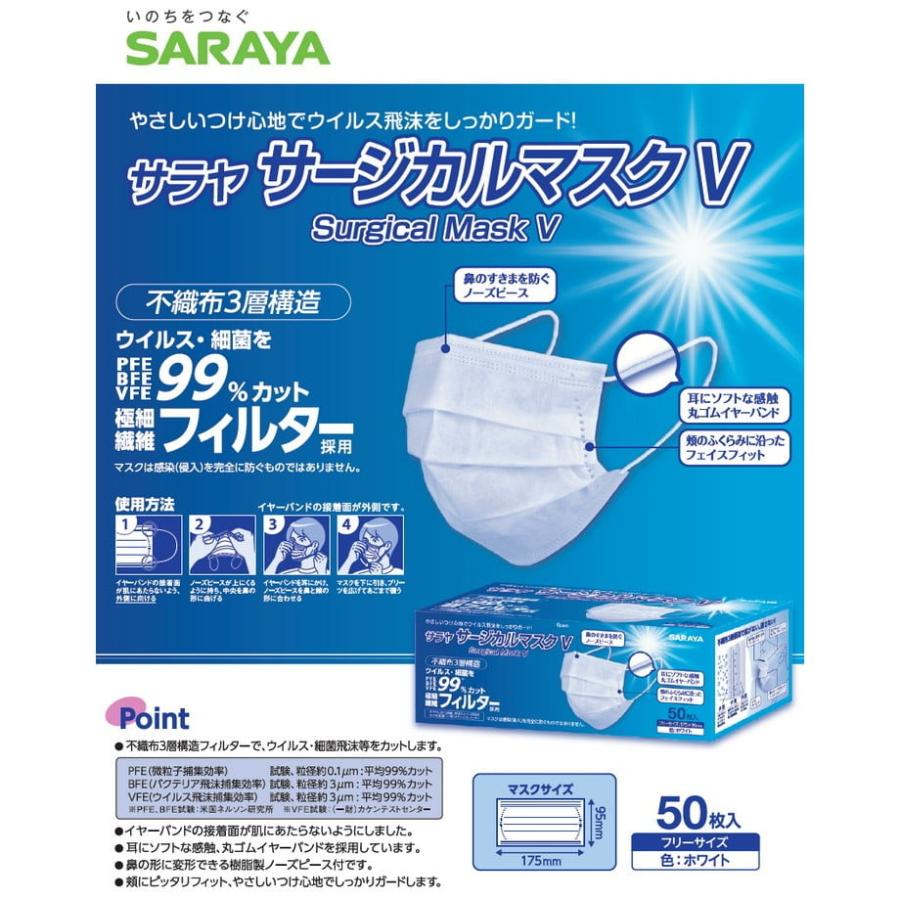 SARAYA（サラヤ） サージカルマスクV フリーサイズ ホワイト 50枚