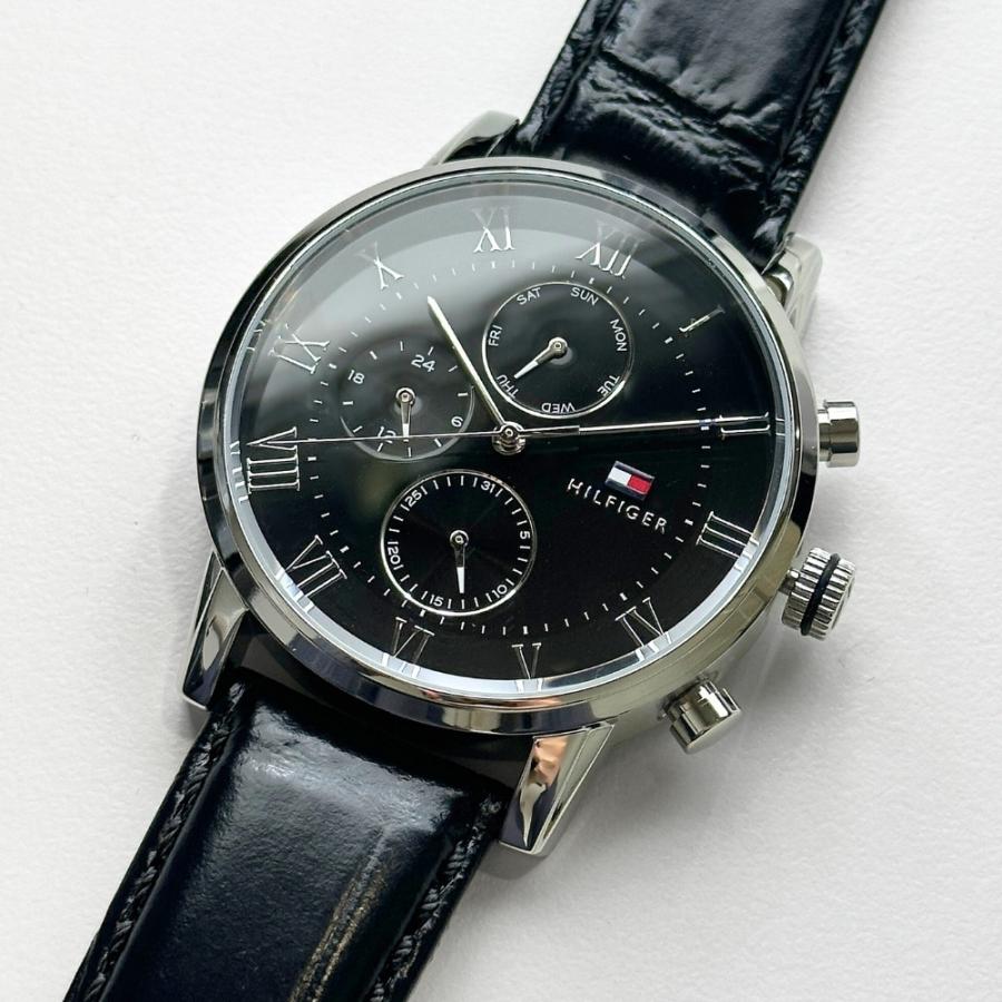 トミーヒルフィガー 腕時計 メンズ KANE 44mm シルバーケース ブラック レザー 誕生日 爆買 成人 卒業 入学の画像