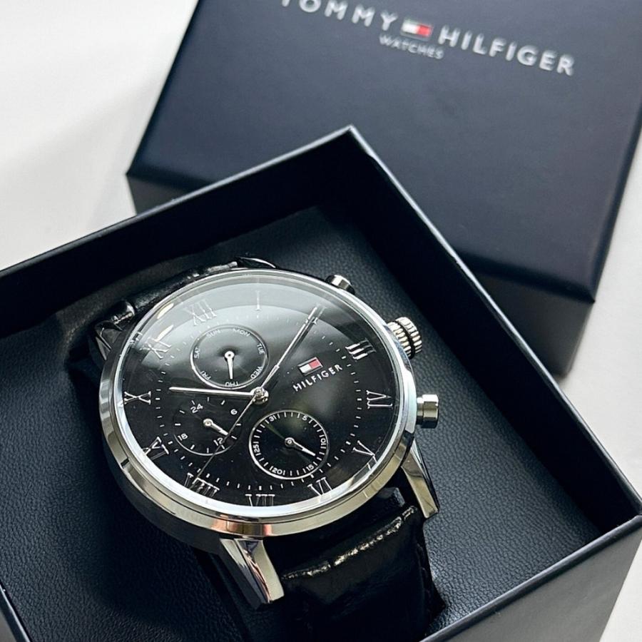 トミーヒルフィガー 腕時計 メンズ KANE 44mm シルバーケース ブラック レザー 誕生日 爆買 成人 卒業 入学の画像