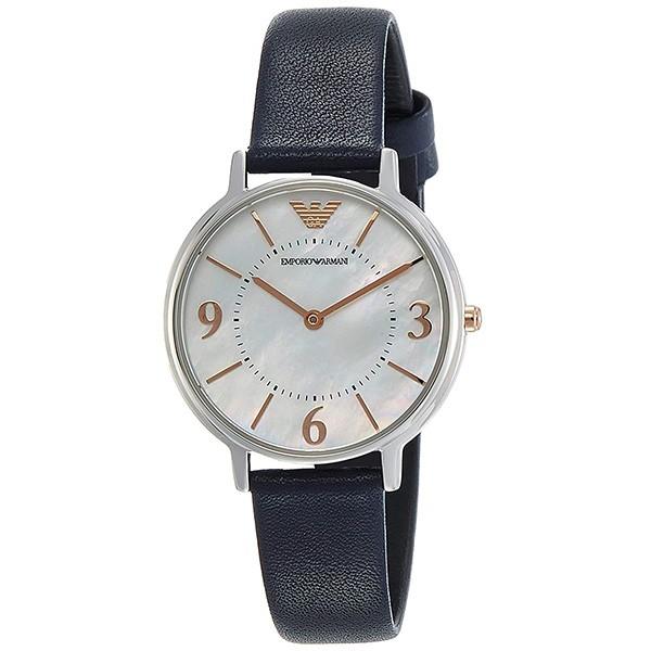 エンポリオアルマーニ レディース 32mm シェル文字盤 シルバーケース ダークネイビー レザー AR2509 腕時計 プレゼント 卒業 入学 お祝い